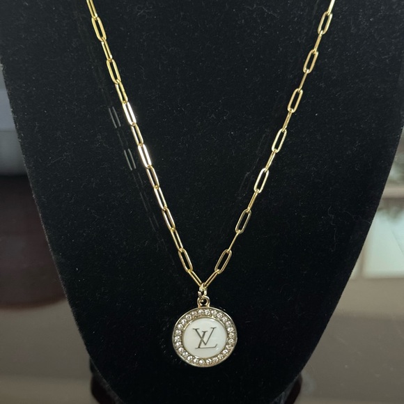 Louis Vuitton Rhinestone/White Pendant 18” Stainless Steel Gold Plated Necklace - Picture 2 of 7